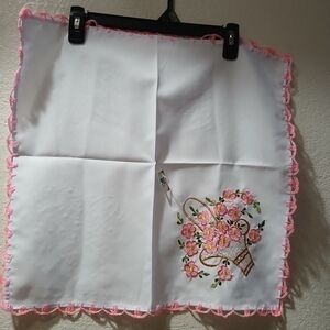 Floral Embroidered Handkerchief with Pink Trim
